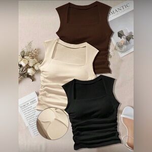 3 pack Sleeveless Ribbed built in bra Tank Tops - Black, Cream, Brown